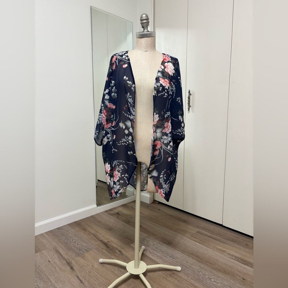 Floral Blue Print Woman's Open Front Casual Everday Kimono Cardigan Large